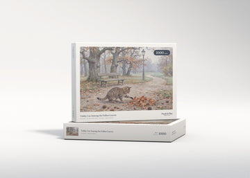 Tabby Cat Among the Fallen Leaves jigsaw puzzle - gift box