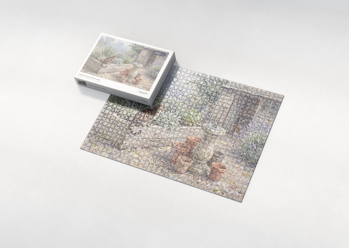 Tabby Cat In the Herb Garden jigsaw puzzle - box and puzzle