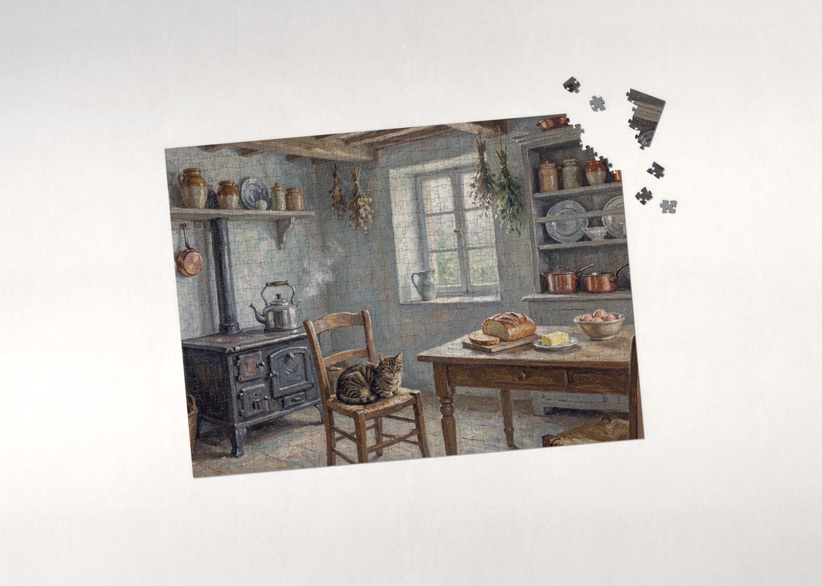 Tabby Cat In the Warm Kitchen Morning jigsaw puzzle - puzzle with loose pieces