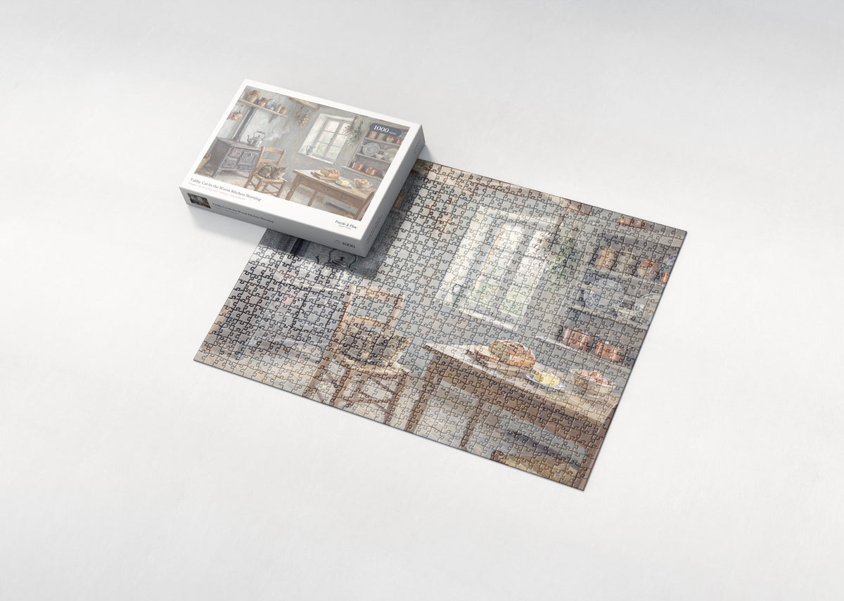 Tabby Cat In the Warm Kitchen Morning jigsaw puzzle - box and puzzle