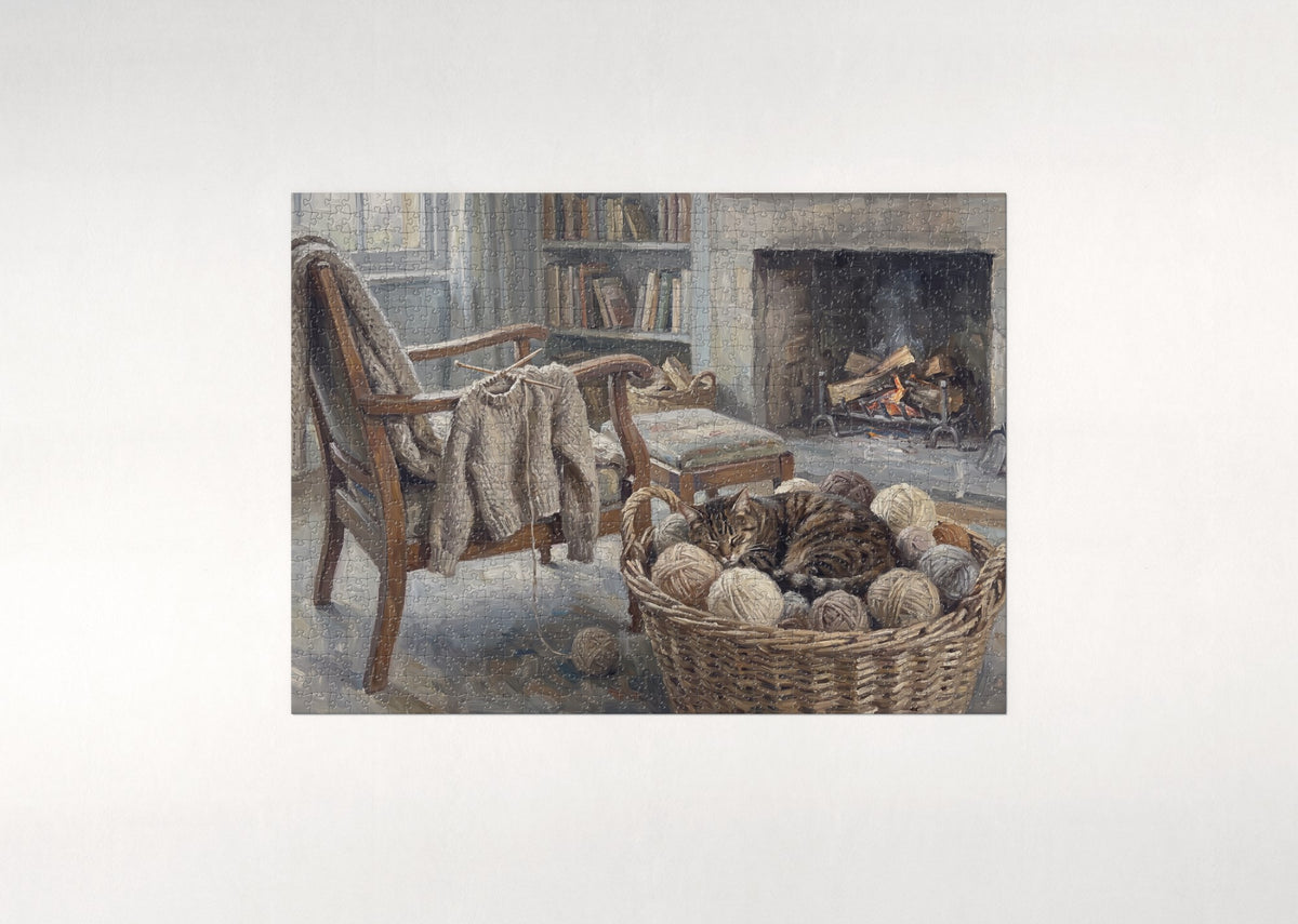 Tabby Cat In the Yarn Basket jigsaw puzzle - flat puzzle