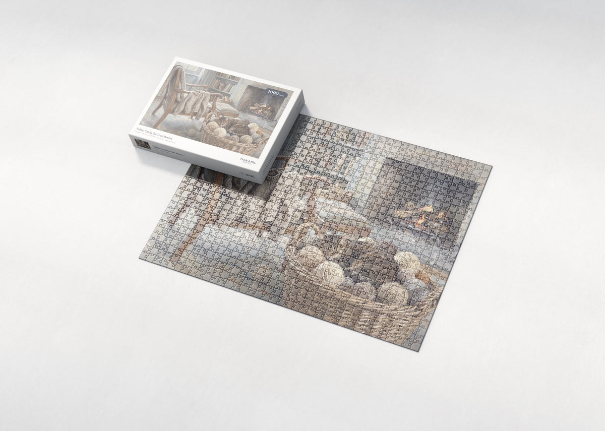 Tabby Cat In the Yarn Basket jigsaw puzzle - box and puzzle