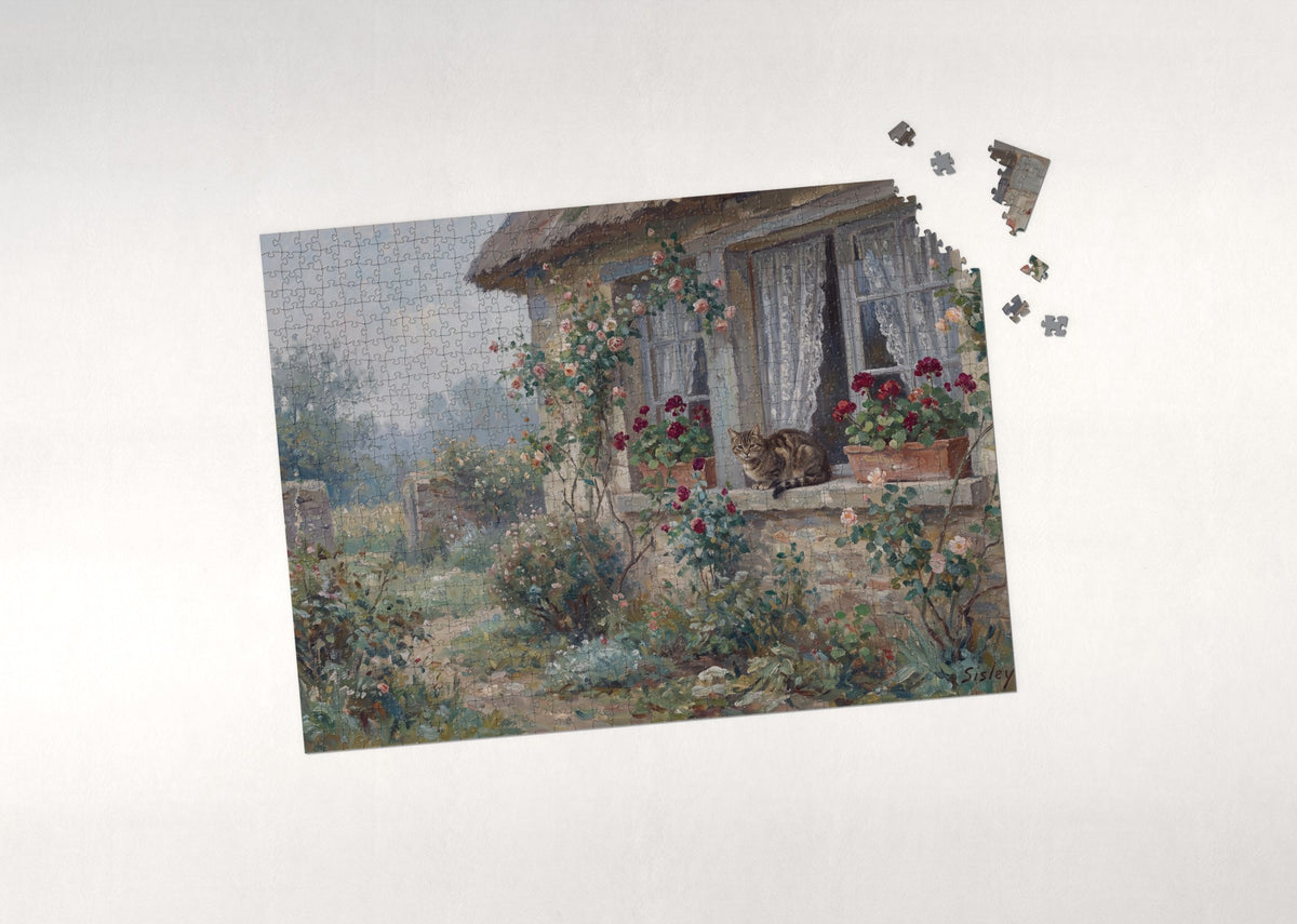 Tabby Cat On the Cottage Windowsill jigsaw puzzle - puzzle with loose pieces