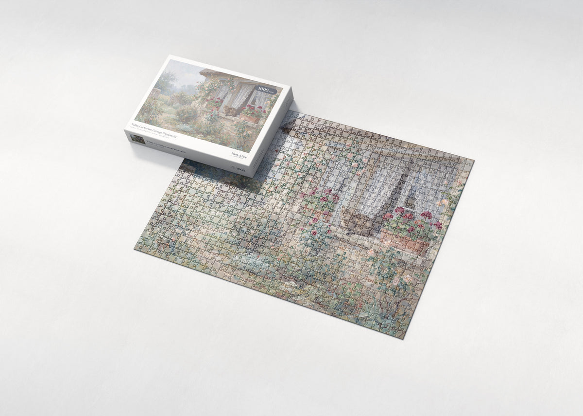 Tabby Cat On the Cottage Windowsill jigsaw puzzle - box and puzzle