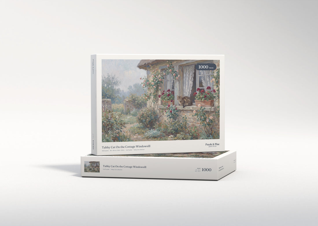 Tabby Cat On the Cottage Windowsill jigsaw puzzle - gift box
