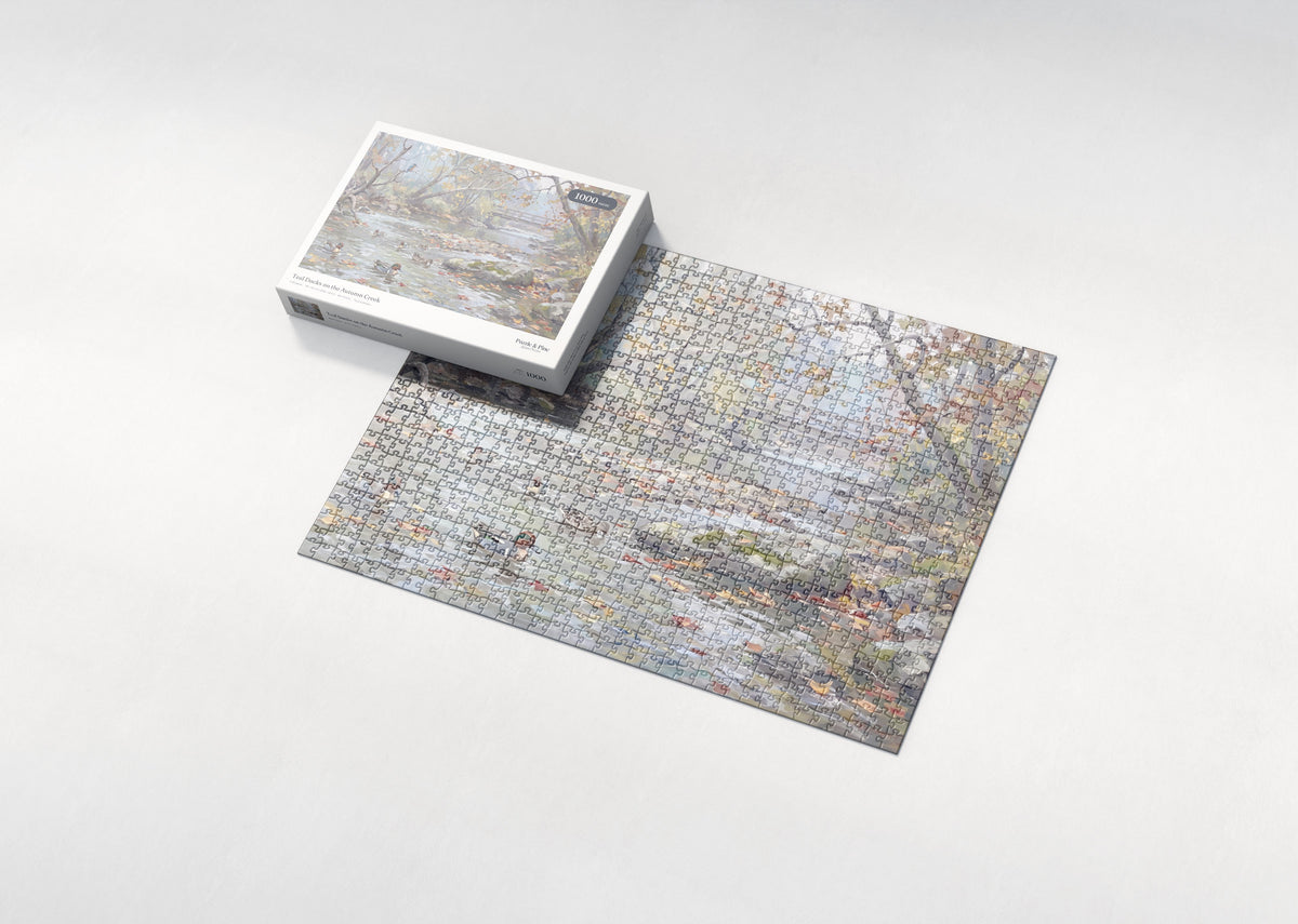 Teal Ducks on the Autumn Creek jigsaw puzzle - box and puzzle