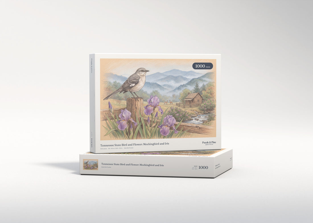 Tennessee State Bird and Flower: Mockingbird and Iris jigsaw puzzle - gift box
