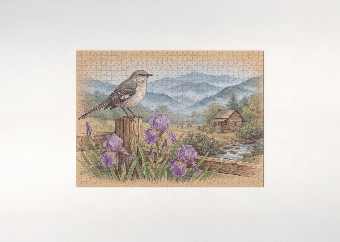Tennessee State Bird and Flower: Mockingbird and Iris jigsaw puzzle - gift box