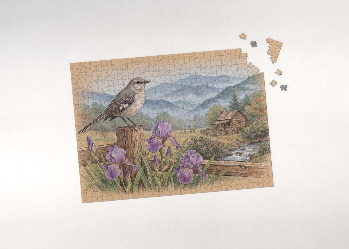 Tennessee State Bird and Flower: Mockingbird and Iris jigsaw puzzle - puzzle with loose pieces