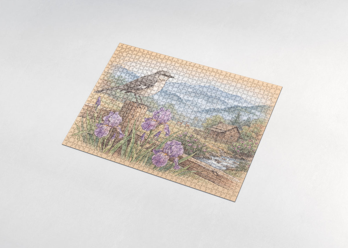 Tennessee State Bird and Flower: Mockingbird and Iris jigsaw puzzle - assembled puzzle