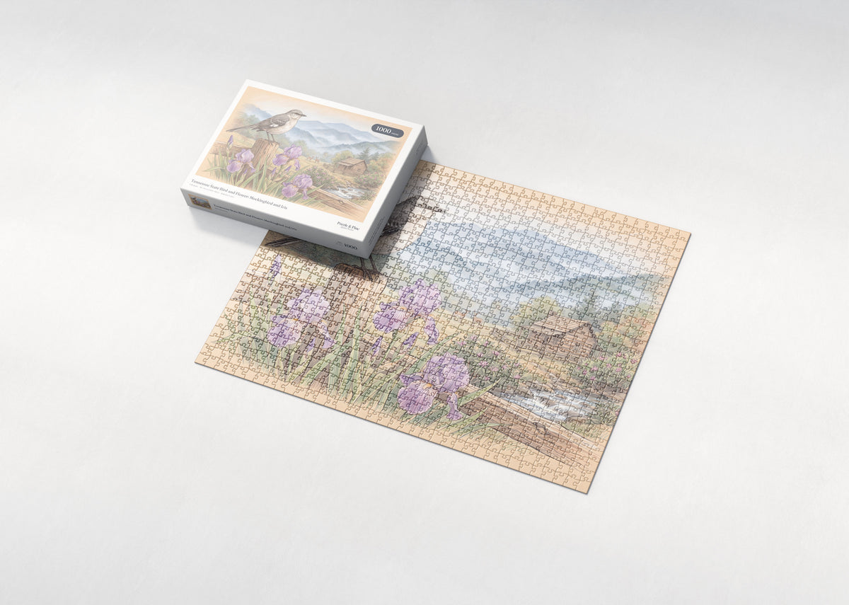 Tennessee State Bird and Flower: Mockingbird and Iris jigsaw puzzle - box and puzzle