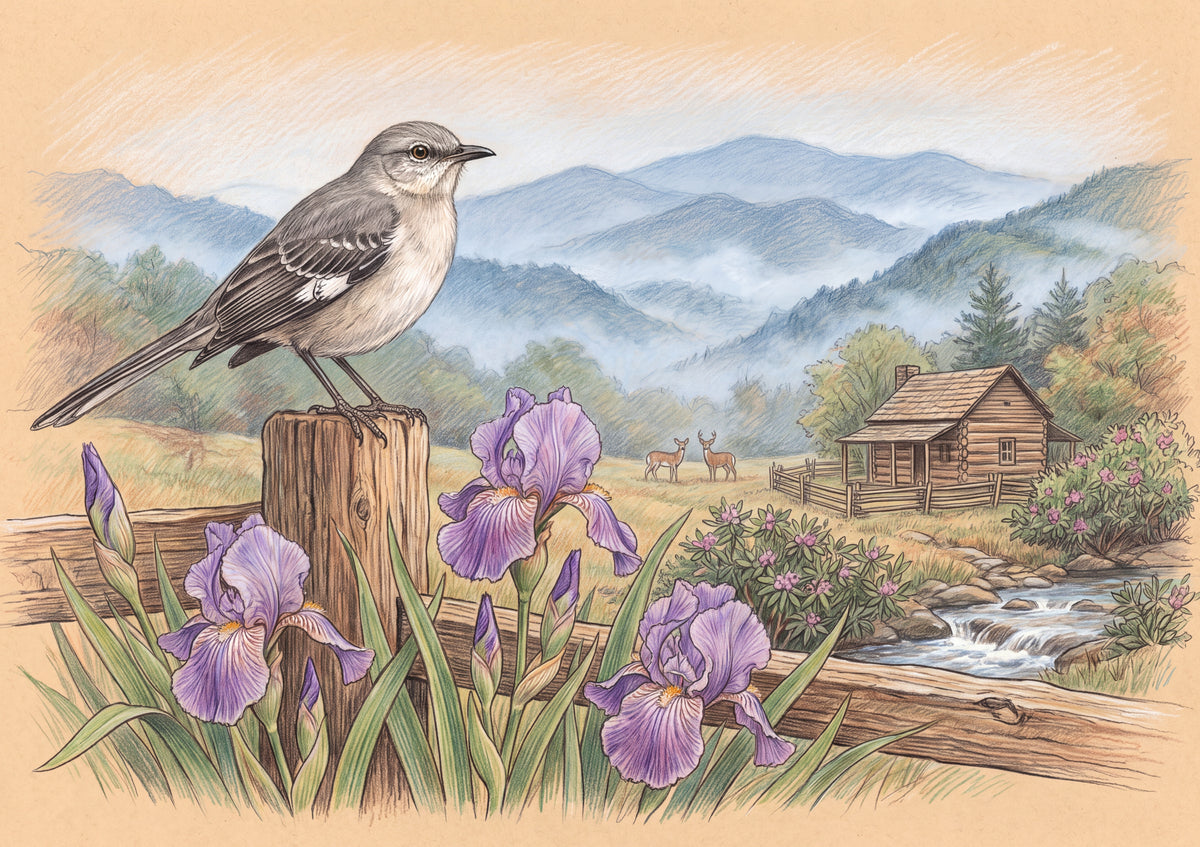 Tennessee State Bird and Flower: Mockingbird and Iris jigsaw puzzle