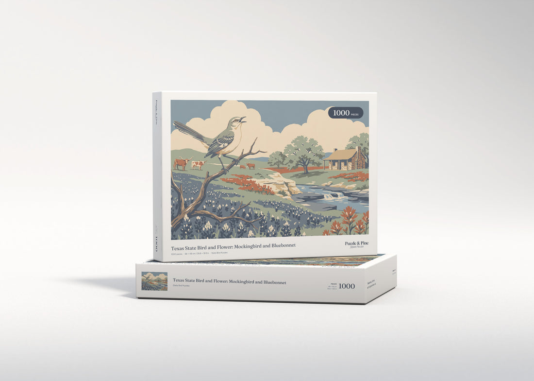 Texas State Bird and Flower: Mockingbird and Bluebonnet jigsaw puzzle - gift box