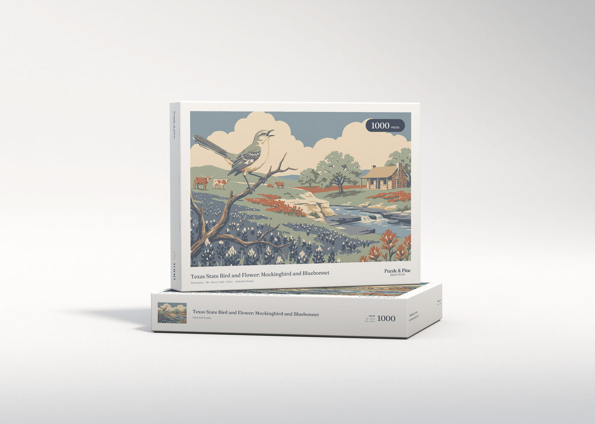 Texas State Bird and Flower: Mockingbird and Bluebonnet jigsaw puzzle - gift box