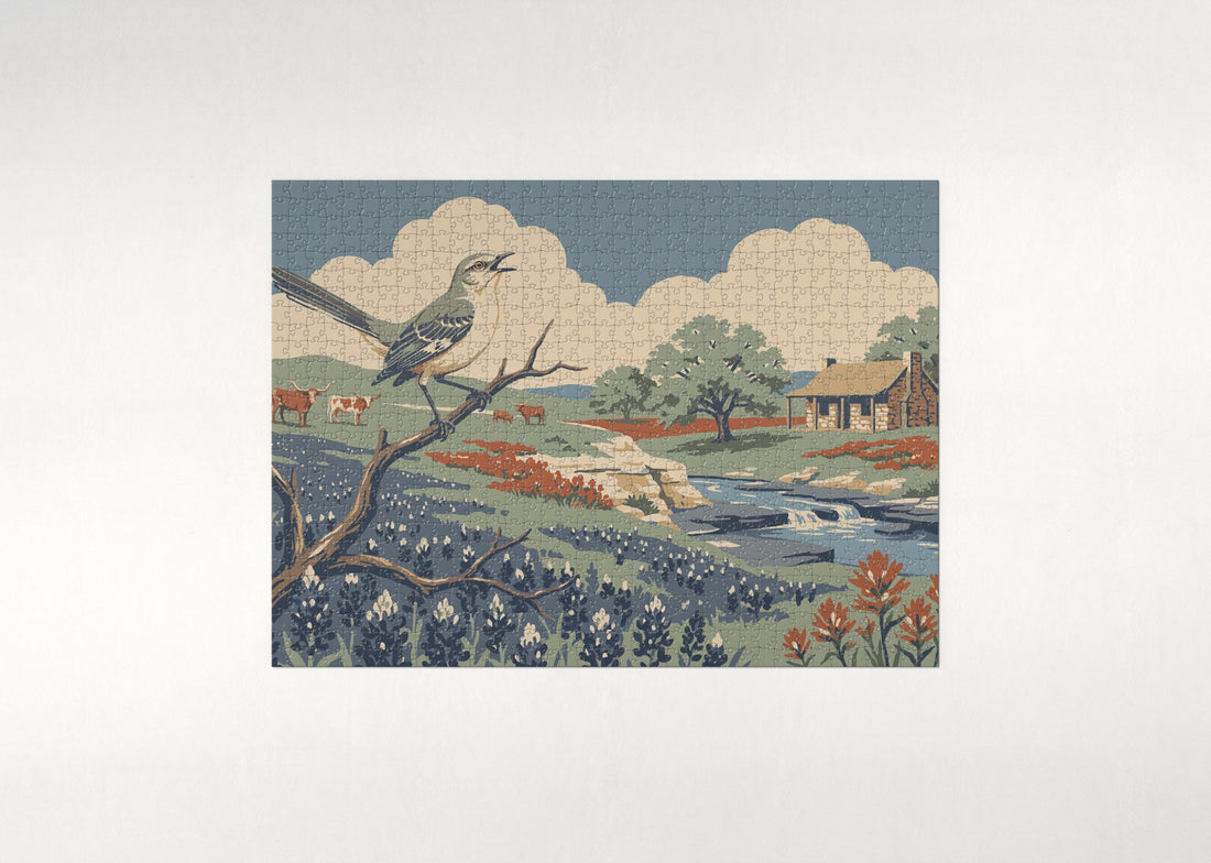Texas State Bird and Flower: Mockingbird and Bluebonnet jigsaw puzzle - gift box