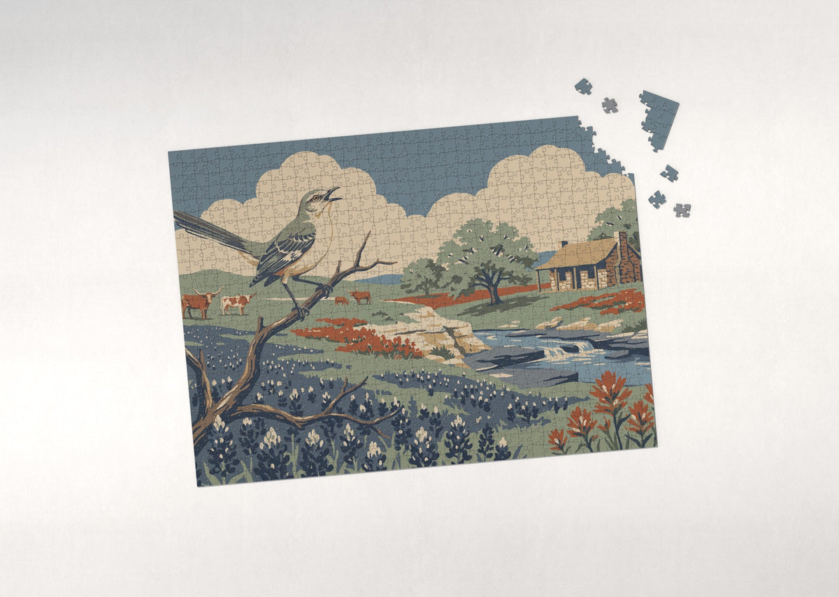 Texas State Bird and Flower: Mockingbird and Bluebonnet jigsaw puzzle - puzzle with loose pieces