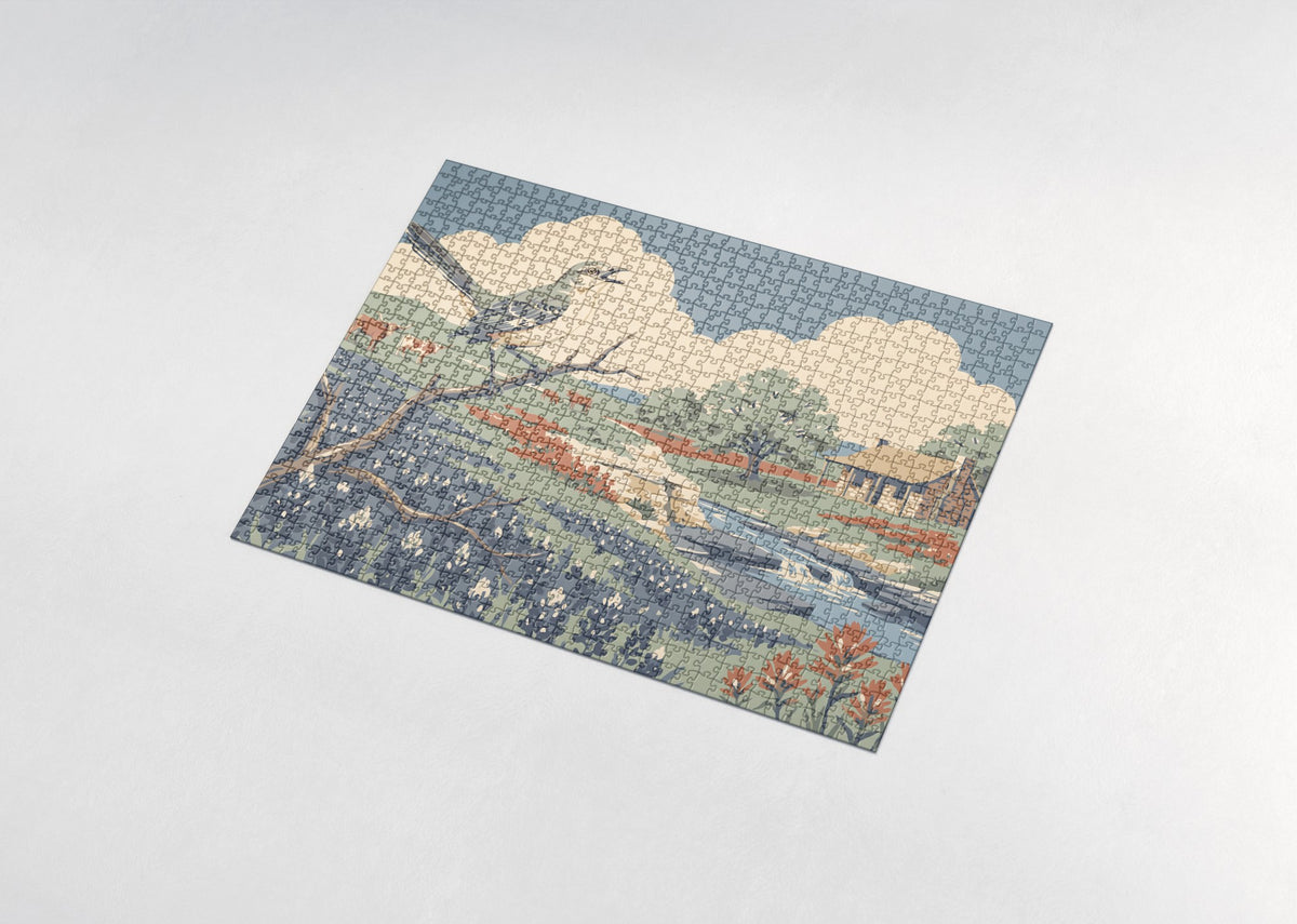 Texas State Bird and Flower: Mockingbird and Bluebonnet jigsaw puzzle - assembled puzzle
