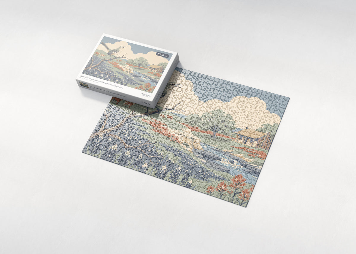 Texas State Bird and Flower: Mockingbird and Bluebonnet jigsaw puzzle - box and puzzle