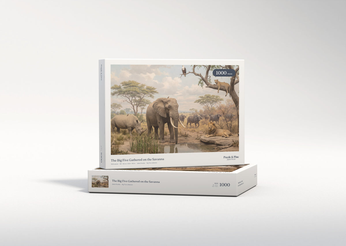 The Big Five Gathered on the Savanna jigsaw puzzle - gift box