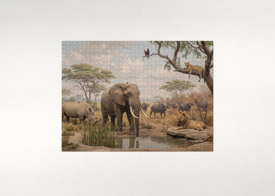 The Big Five Gathered on the Savanna jigsaw puzzle - gift box