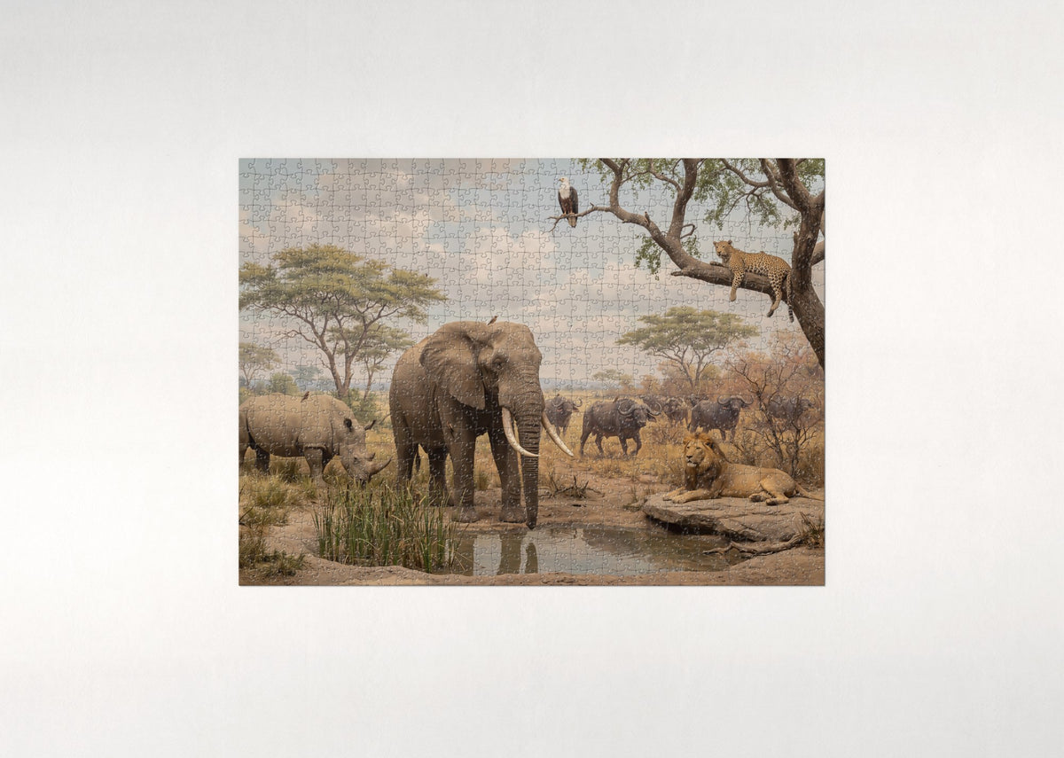 The Big Five Gathered on the Savanna jigsaw puzzle - flat puzzle