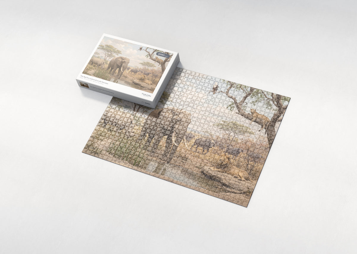 The Big Five Gathered on the Savanna jigsaw puzzle - box and puzzle