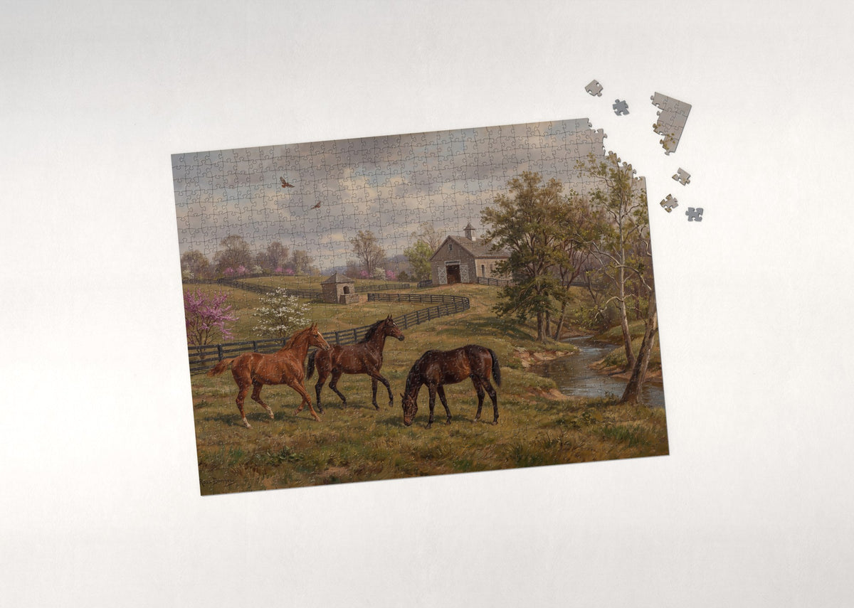 Thoroughbred Yearlings at the Bluegrass Farm jigsaw puzzle - puzzle with loose pieces