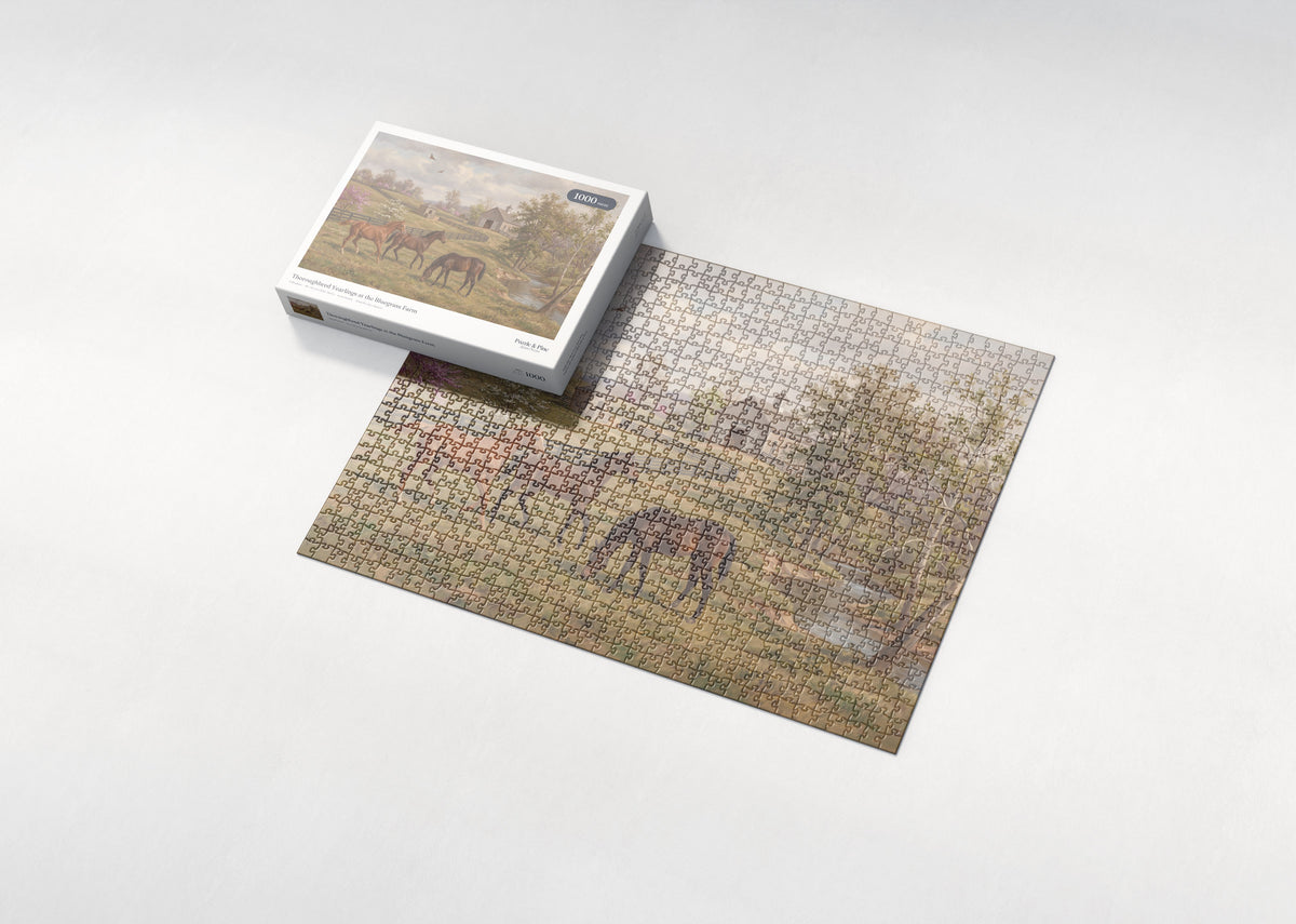 Thoroughbred Yearlings at the Bluegrass Farm jigsaw puzzle - box and puzzle