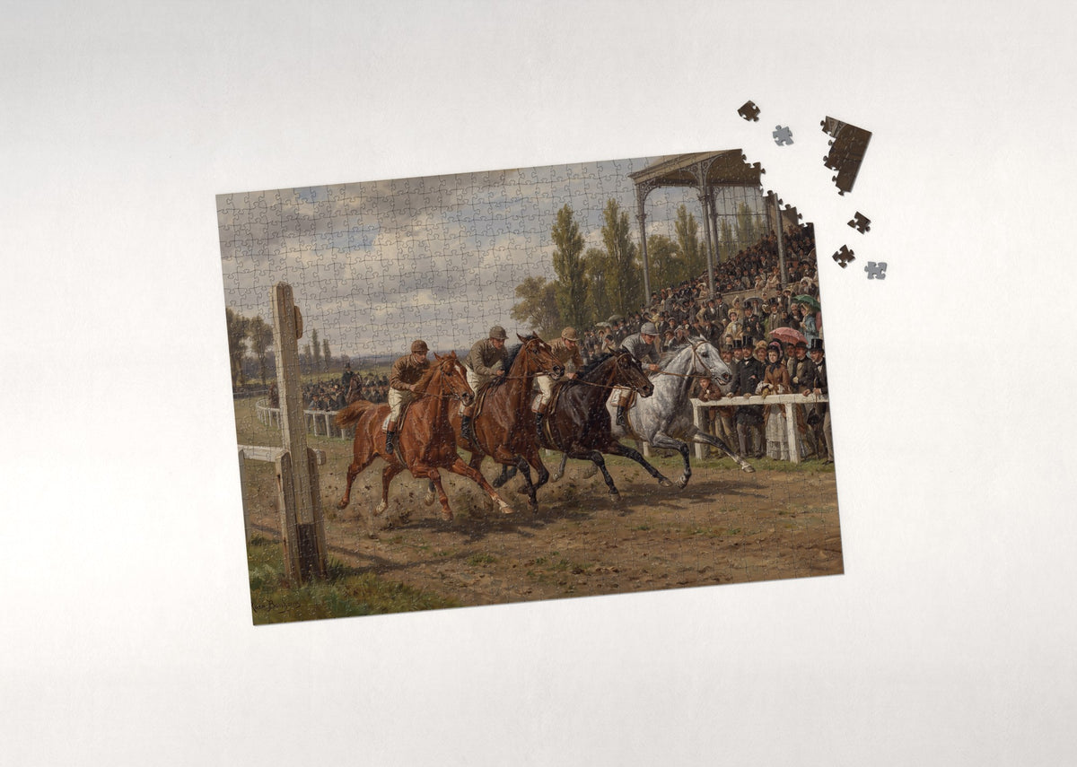 Thoroughbreds at the Finish Line jigsaw puzzle - puzzle with loose pieces