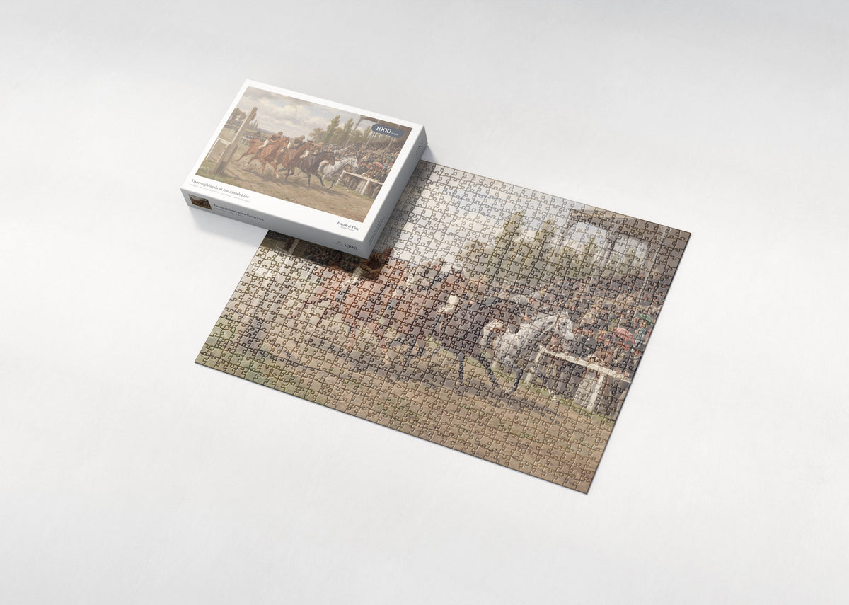 Thoroughbreds at the Finish Line jigsaw puzzle - box and puzzle