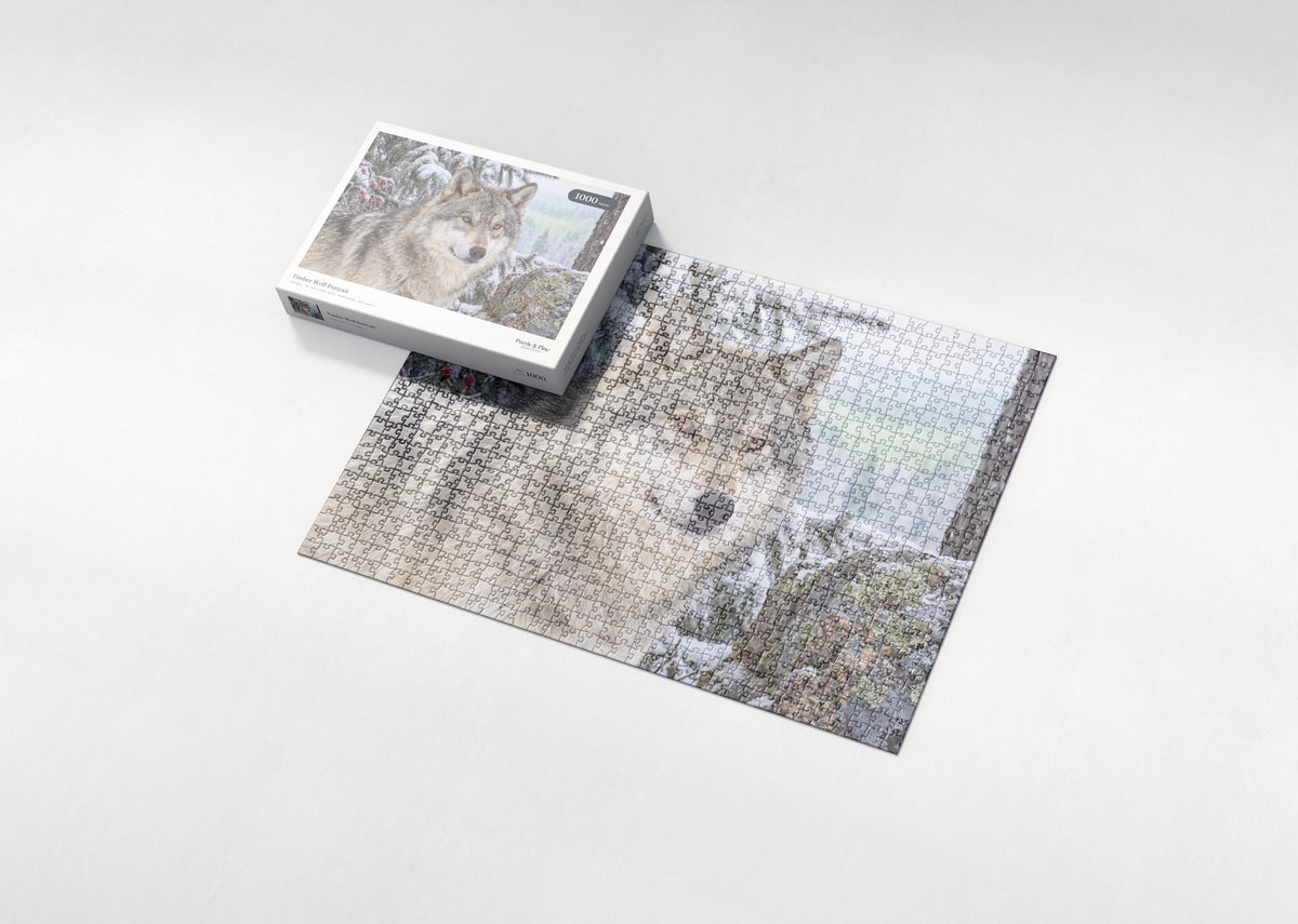 Timber Wolf Portrait jigsaw puzzle - box and puzzle