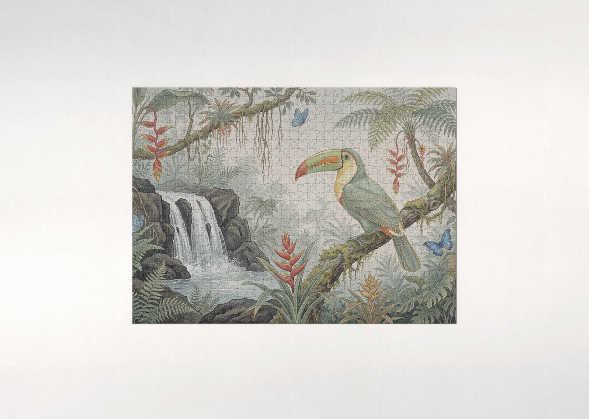 Toucan at the Jungle Waterfall jigsaw puzzle - flat puzzle