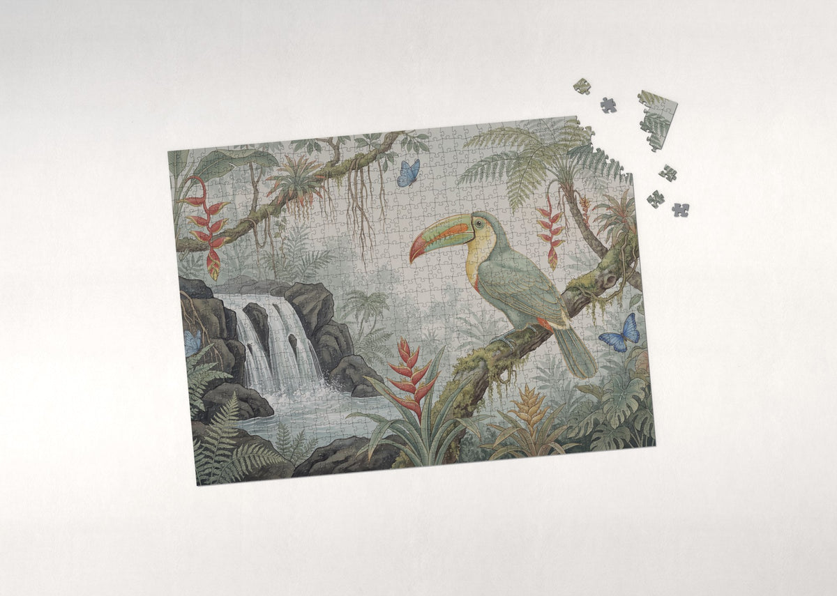Toucan at the Jungle Waterfall jigsaw puzzle - puzzle with loose pieces