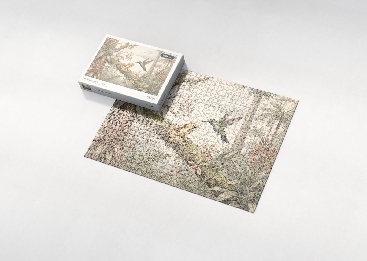Tree Frog Among the Orchids jigsaw puzzle - box and puzzle