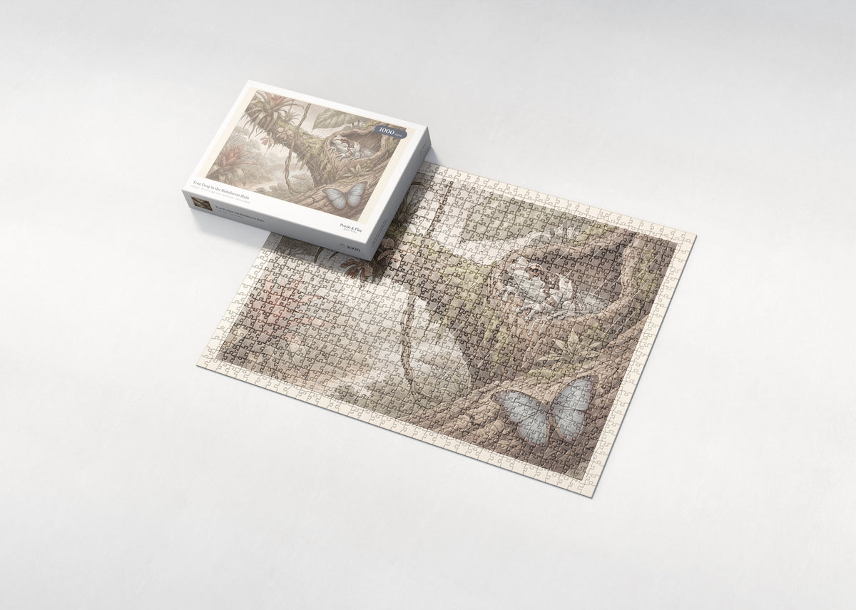 Tree Frog in the Rainforest Rain jigsaw puzzle - box and puzzle