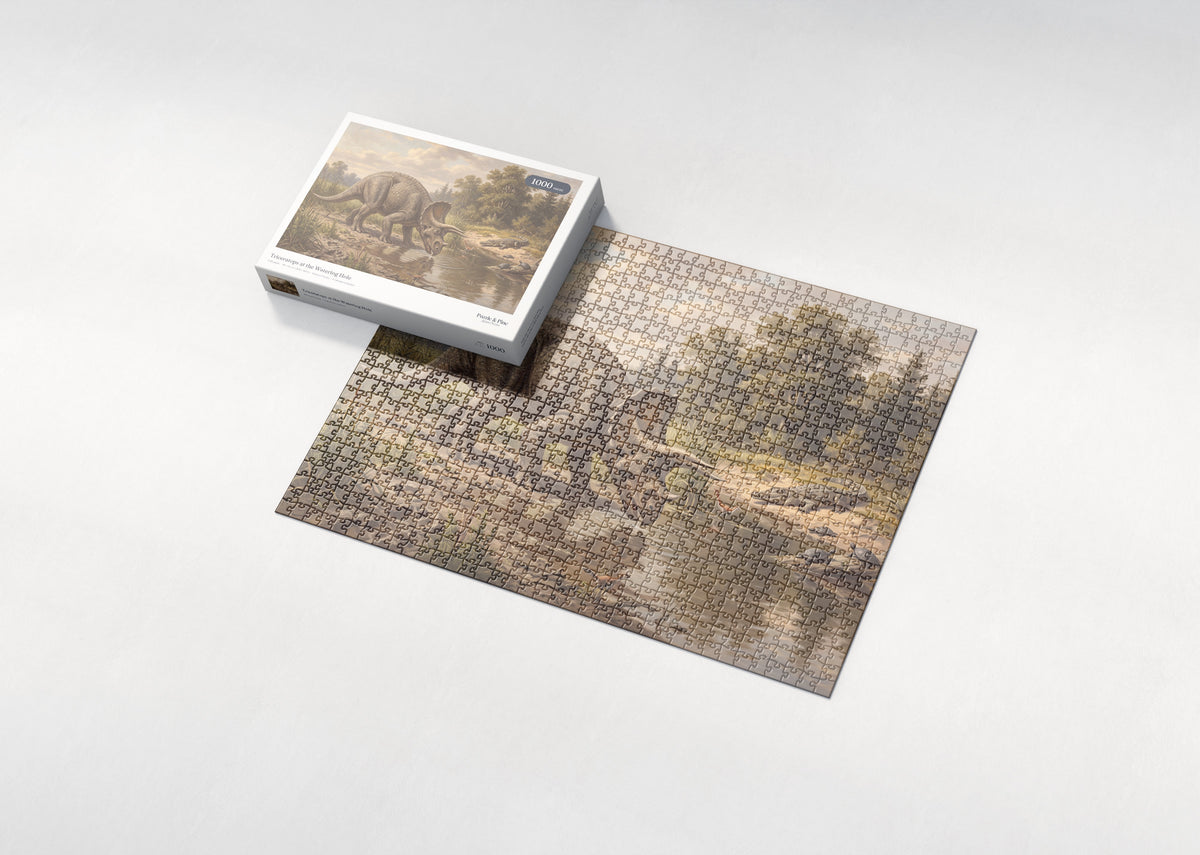 Triceratops at the Watering Hole jigsaw puzzle - box and puzzle