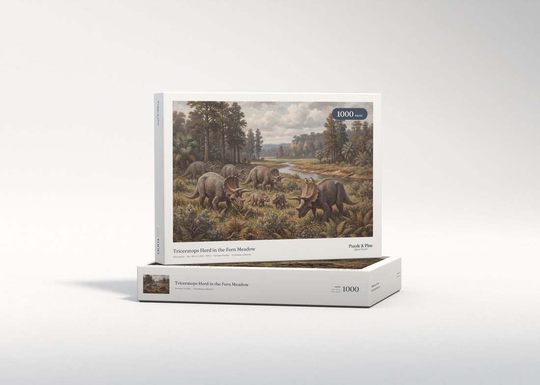 Triceratops Herd in the Fern Meadow jigsaw puzzle - gift box