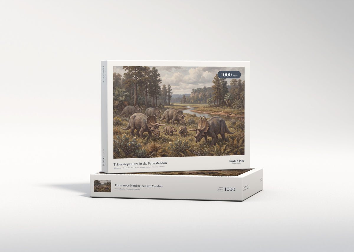 Triceratops Herd in the Fern Meadow jigsaw puzzle - gift box