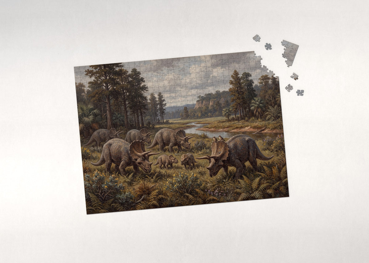 Triceratops Herd in the Fern Meadow jigsaw puzzle - puzzle with loose pieces