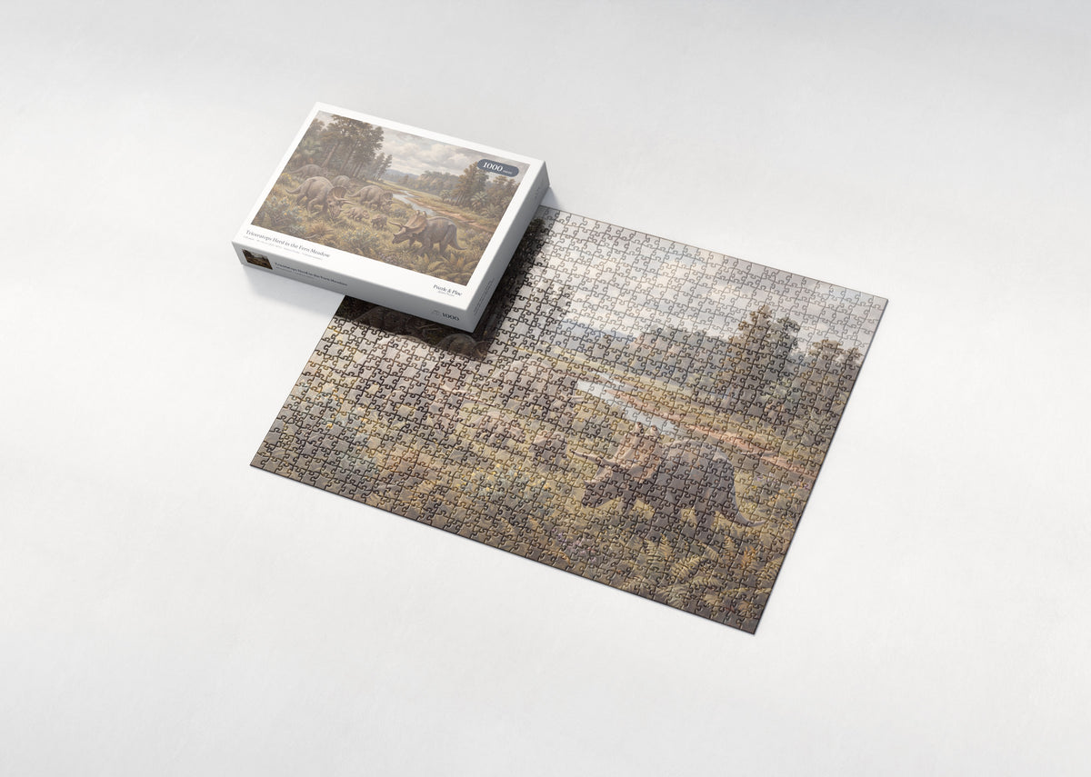 Triceratops Herd in the Fern Meadow jigsaw puzzle - box and puzzle