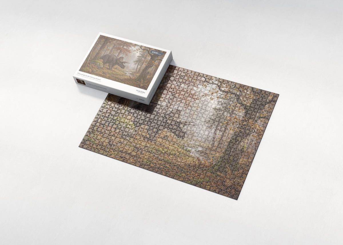 Triceratops in the Autumn Forest jigsaw puzzle - box and puzzle