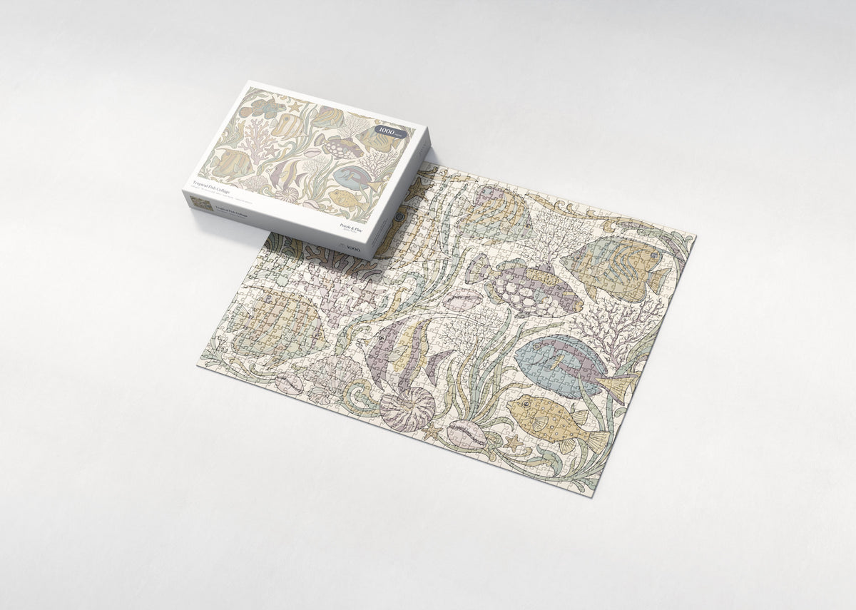 Tropical Fish Collage jigsaw puzzle - box and puzzle