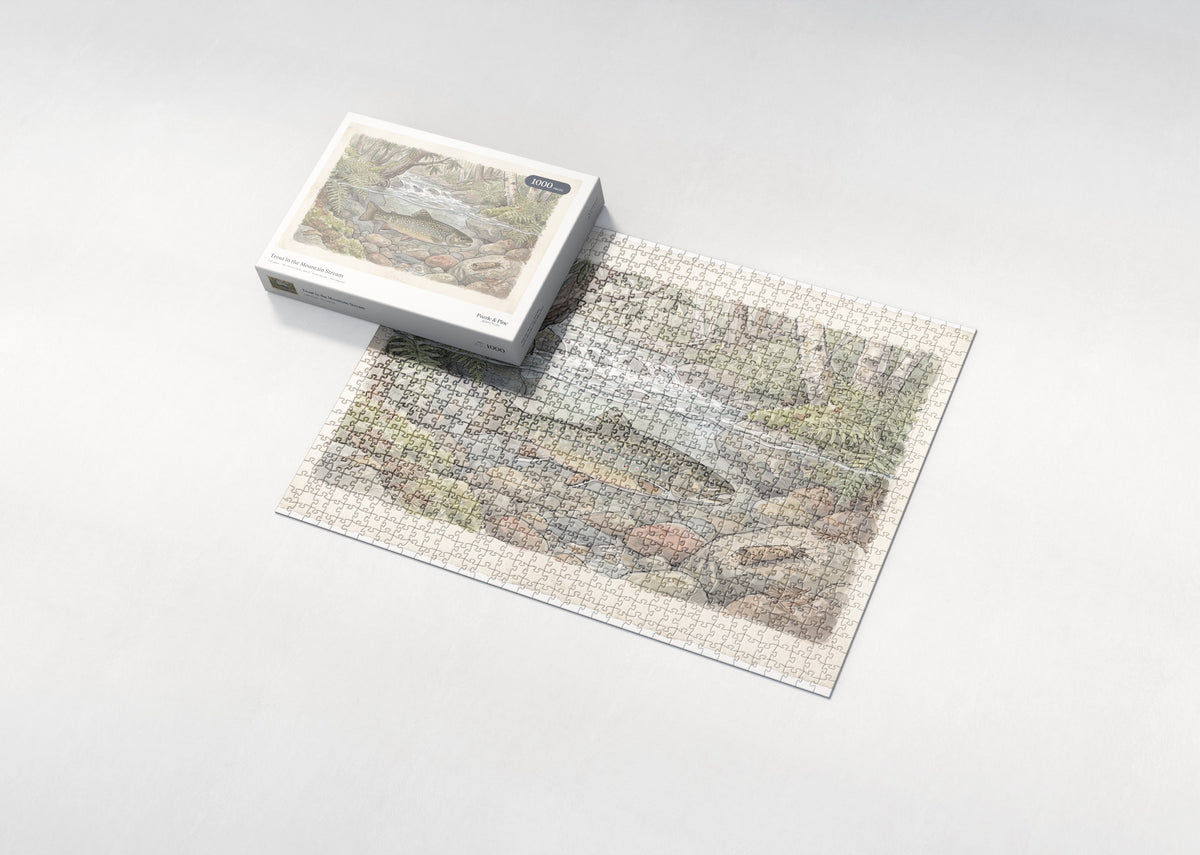 Trout in the Mountain Stream jigsaw puzzle - box and puzzle