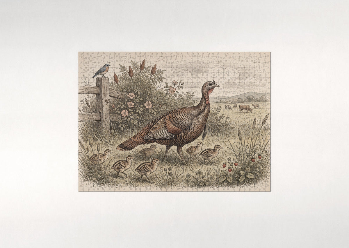 Turkey Hen and Poults in the Grass jigsaw puzzle - flat puzzle