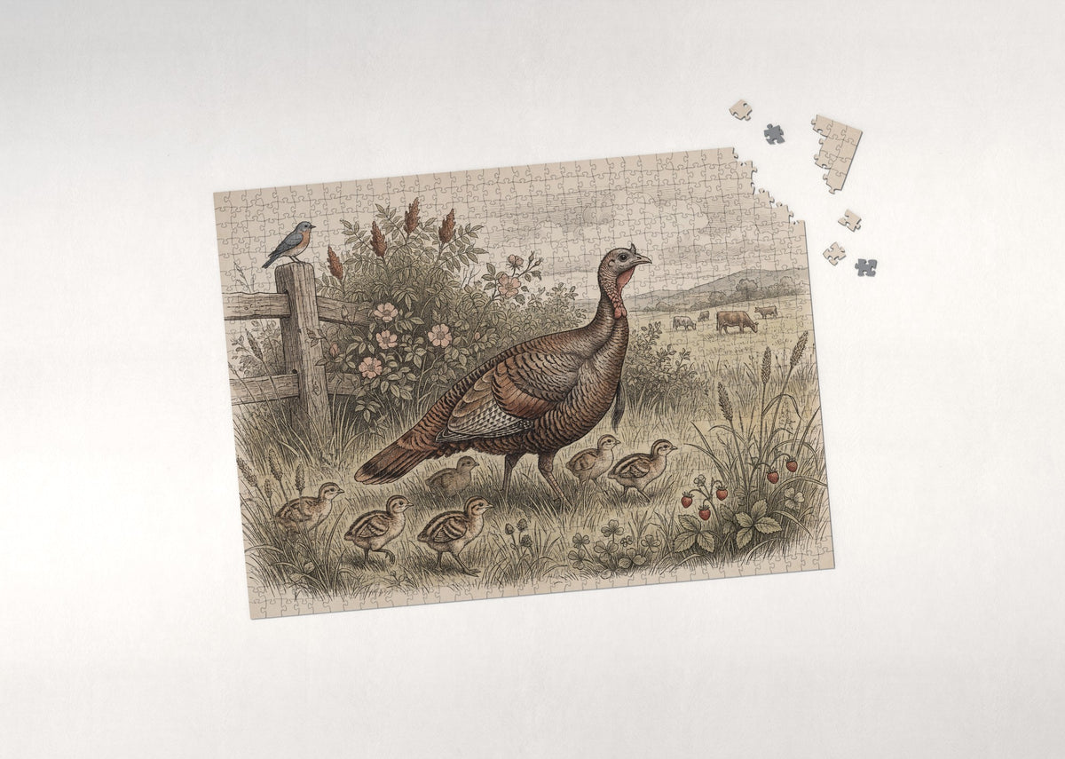 Turkey Hen and Poults in the Grass jigsaw puzzle - puzzle with loose pieces