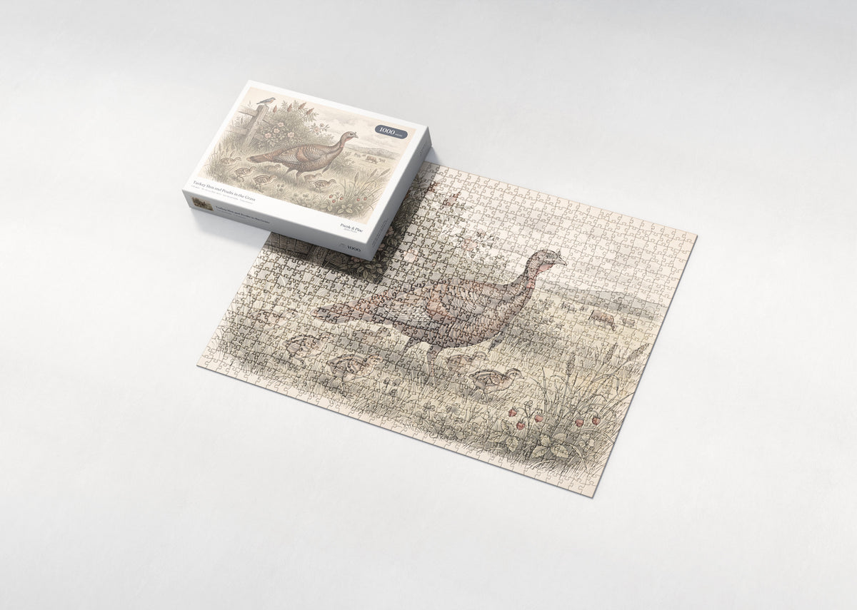 Turkey Hen and Poults in the Grass jigsaw puzzle - box and puzzle