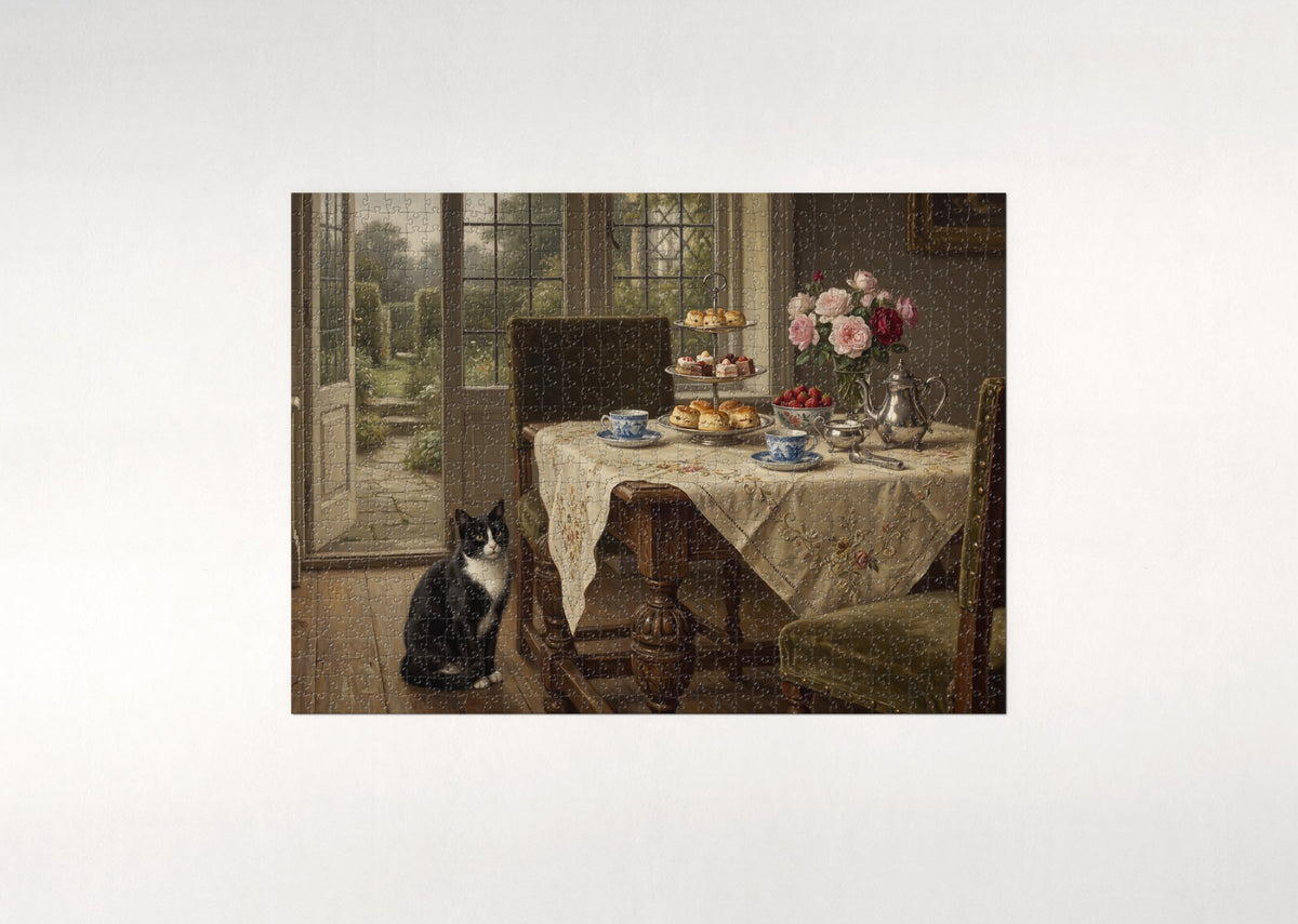 Tuxedo Cat At the Afternoon Tea Table jigsaw puzzle - flat puzzle
