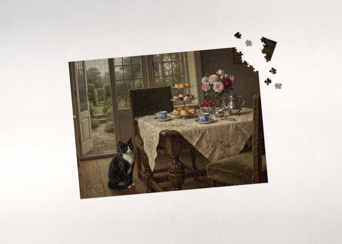 Tuxedo Cat At the Afternoon Tea Table jigsaw puzzle - puzzle with loose pieces