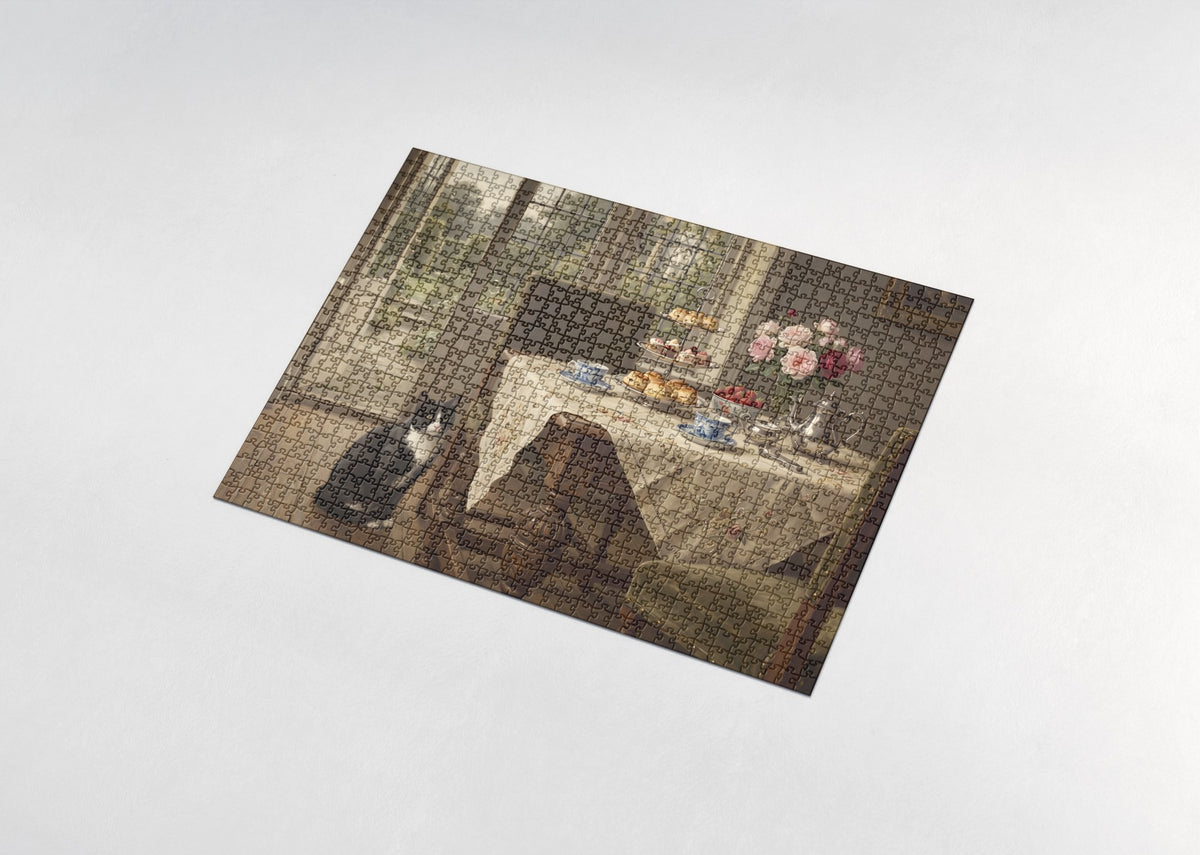Tuxedo Cat At the Afternoon Tea Table jigsaw puzzle - assembled puzzle