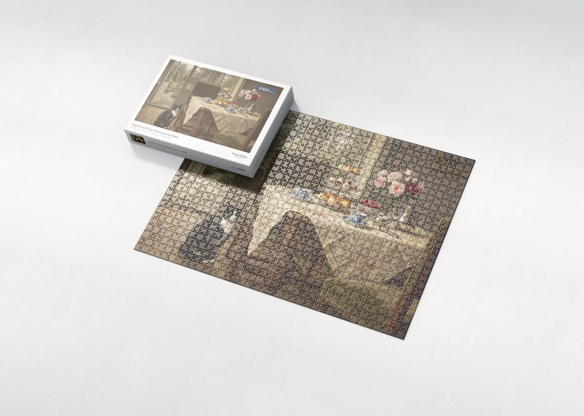 Tuxedo Cat At the Afternoon Tea Table jigsaw puzzle - box and puzzle